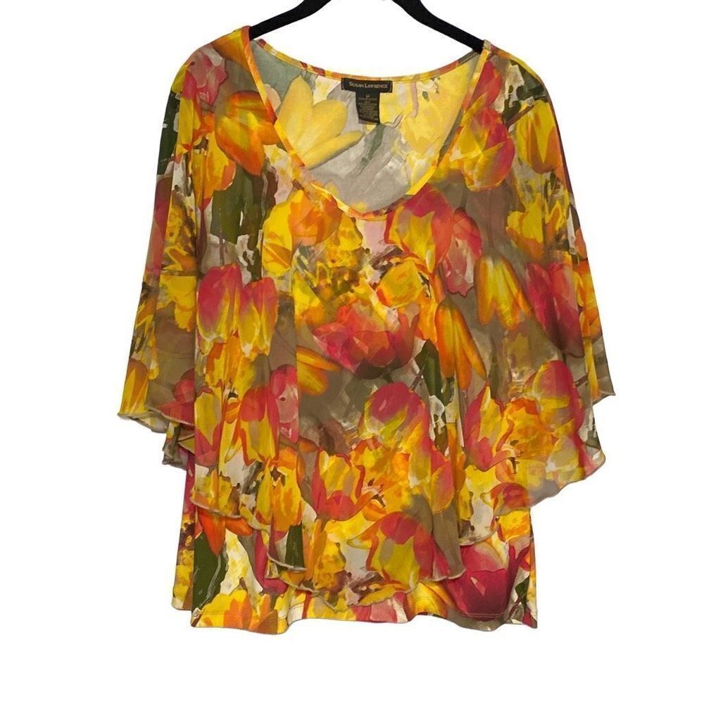 Susan Lawrence Chiffon Layered Blouse Size Medium Multi Colored Floral Print, St